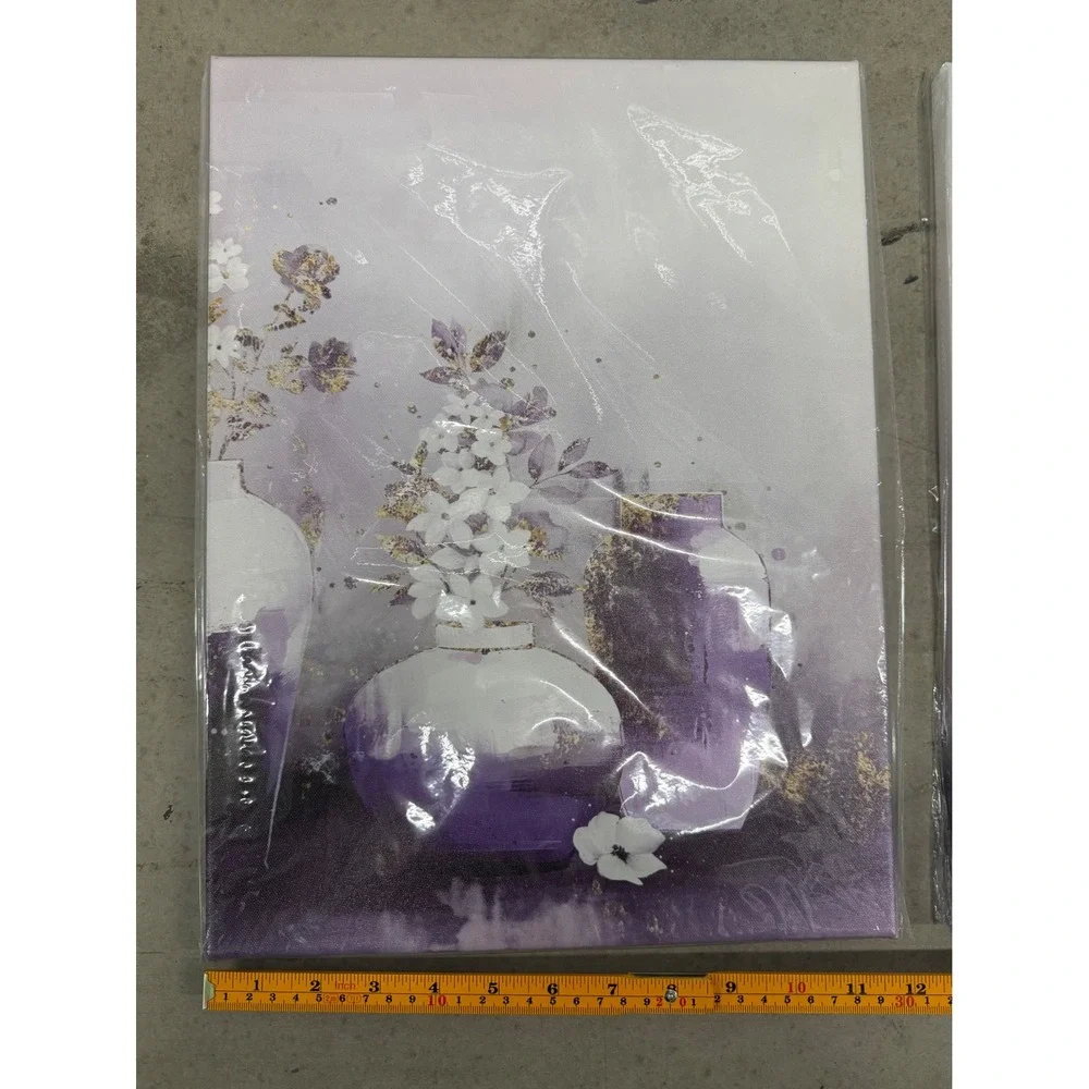 Purple Floral Canvas Wall Art Set 3 Piece White Flower Gold Accents 12x16 New